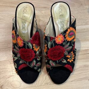 Sole Society Women's Floral Embroidered Mules - Black, Red, and Orange